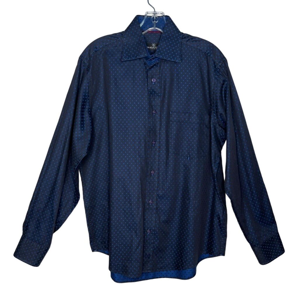 Bugatchi Uomo Shirt Mens Medium Blue Geometric Button Down Workwear Business